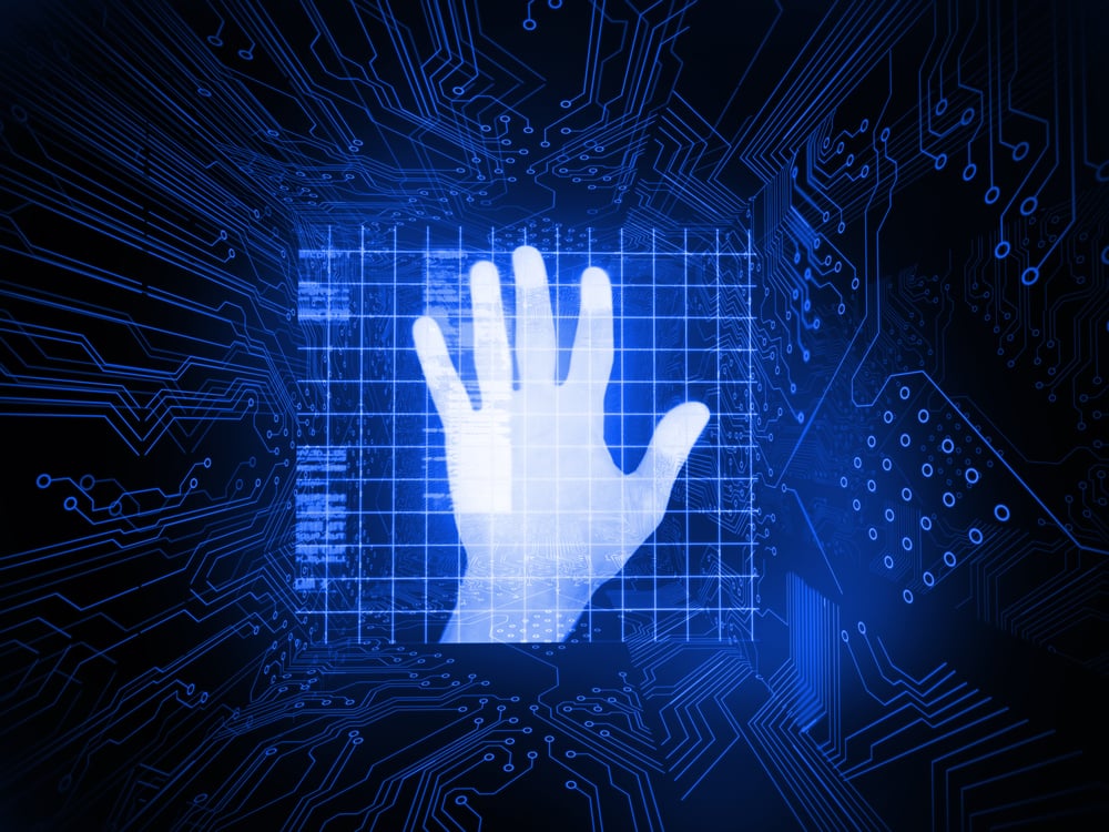 Digitally generated palm on hand scanner on black background Digitally generated palm on hand scanner on black background